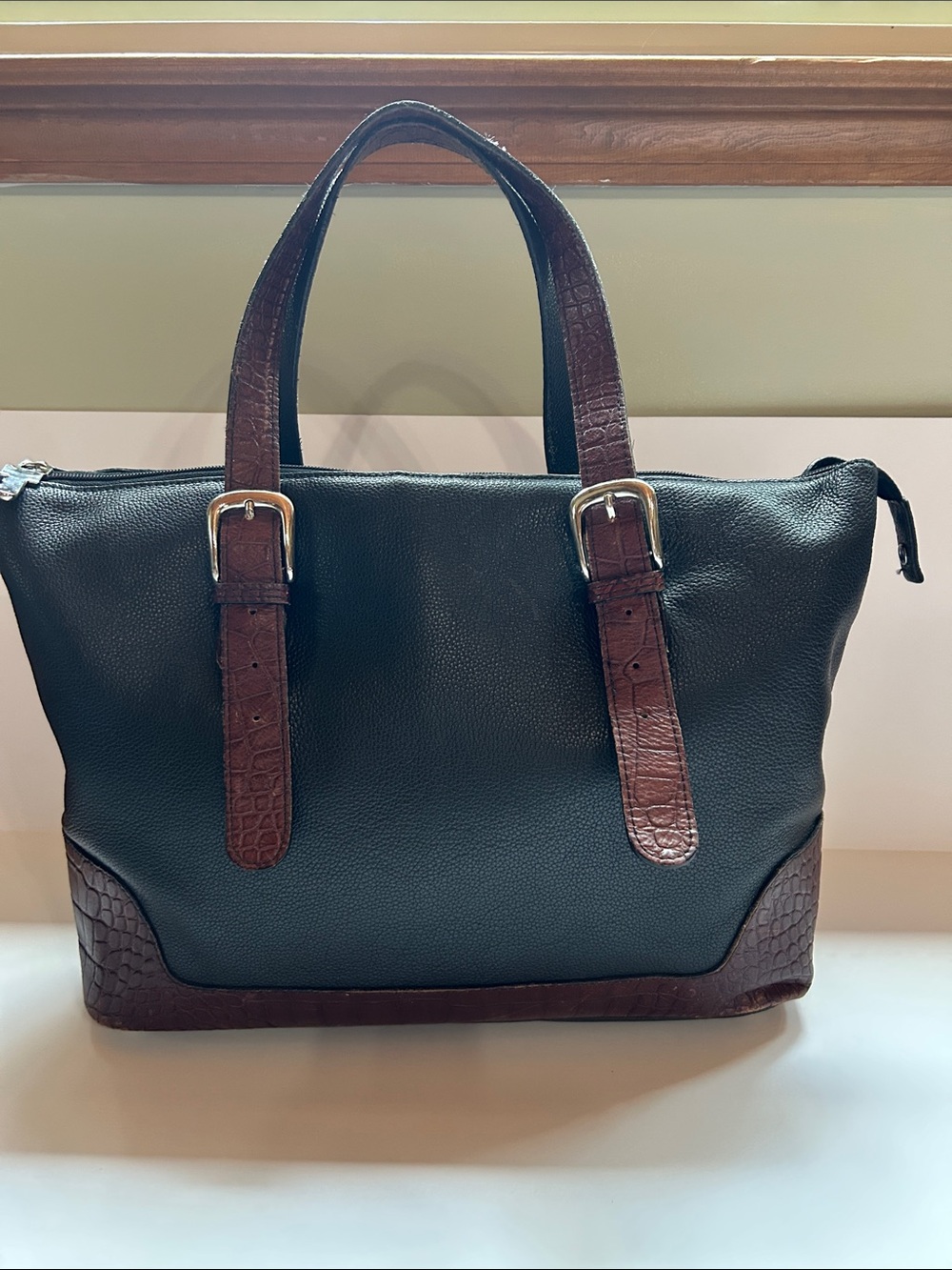 Jack Georges Black Pebbled Leather Tote Bag Brown Croc Embossed TrimBusiness Bag